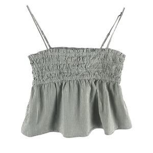 American Eagle Womens Smocked Peplum Cami Crop Top M Sage Green Striped Cotton